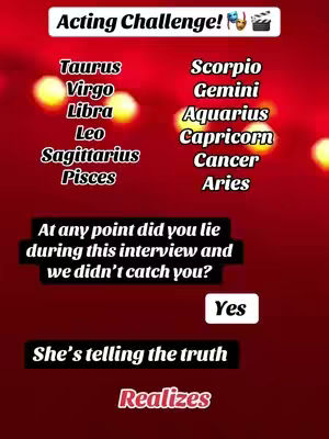 The cover image is a red background displaying a list of zodiac signs with overlaid text prompts and responses related to an acting challenge. At the top, there's white text saying "Acting Challenge!" with emojis, beneath which zodiac signs are listed in two columns. The bottom features a question in a black box with white text, alongside a "Yes" button. Below that a black box saying "She's telling the truth," and the word "Realizes" in red.