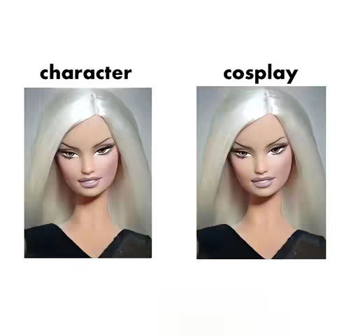 The cover image is a split-screen with two identical depictions of a doll-like female face with pale skin, white hair, and dark makeup. The left side is labeled "character," while the right side is labeled "cosplay."