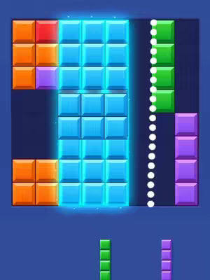 The cover image shows a mobile game interface of the game Block Blast. It has blocks of different colors, with a dark blue background and a white dotted line. The game board takes up the majority of the screen.