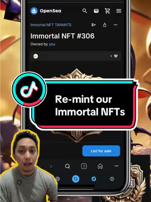 A man is shown in a selfie video with a smartphone displaying an OpenSea NFT interface. The phone screen shows an NFT named "Immortal NFT #306" and has a blue button. A TikTok element frames a message. The background hints at an animated, fantasy art scene.