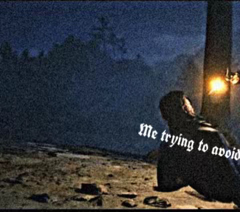 A nighttime scene shows a figure in silhouette, facing away from the viewer, with overlaid text. The figure is in a dark, undefined environment, possibly a wooded area or field, under a starry or overcast sky. The overall tone is somber.