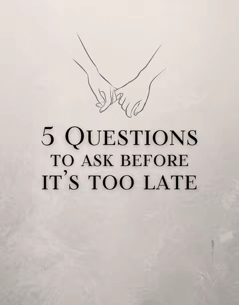 The image features a light, textured background with an illustrated line drawing of two hands clasped together, pinky fingers interlocked. Below the illustration, bold text reads '5 QUESTIONS TO ASK BEFORE IT'S TOO LATE'.