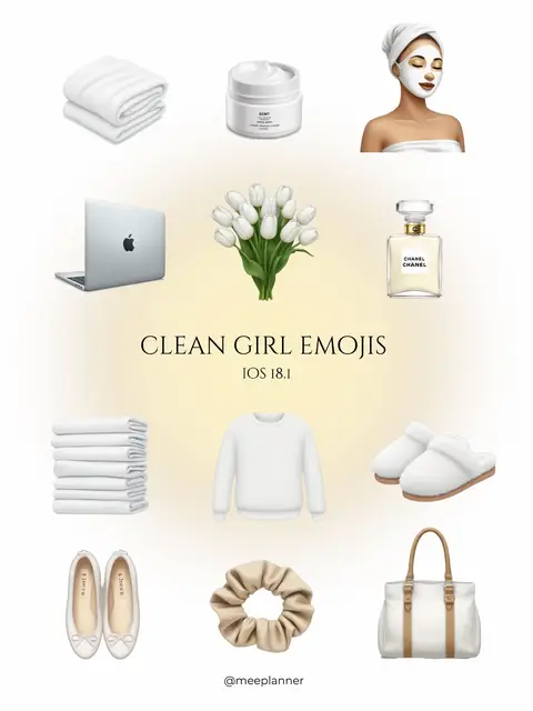 The cover image is a collection of illustrated emojis and objects arranged in a grid-like format against a softly blurred beige-yellow background. The top row features a stack of white towels, a jar of white cream, and a person wearing a white towel on their head with a face mask. The second row shows a silver laptop with an Apple logo, a bouquet of white tulips, and a bottle of Chanel perfume. The center of the artwork has a text overlay that reads, "CLEAN GIRL EMOJIS" and below that "IOS 18.1". The bottom row shows a stack of white towels, a white sweater, a pair of fur slippers, a pair of white ballet flats with a bow, a beige scrunchie, and a white handbag with brown handles. The overall aesthetic is clean, minimalist, and spa-like. The color palette is dominated by whites, creams, and soft beige hues.