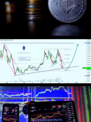 The image is a three-panel composite. The top panel shows stacks of silver coins and a silver Ethereum coin on a dark background. The middle panel displays a stock chart with green and red lines overlaid on a white background, showing price fluctuations for Ethereum. The bottom panel features a blurred view of screens displaying more trading charts. The overall composition is designed to illustrate cryptocurrency trading.