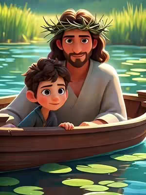 A digitally created image shows Jesus in a boat with a young boy. Jesus has long brown hair, a beard, and a crown of thorns. He is wearing a white robe. The boy has short brown hair and is wearing a blue shirt. They appear to be in a lake or river, surrounded by green foliage. The style is cartoonish with soft colors and a serene atmosphere.
