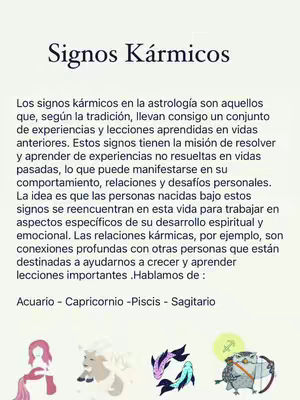 The image features a light purple background with a text-based layout. The title 'Signos Kármicos' (Karmic Signs) is prominently displayed at the top in a bold, black font. The body of the image contains paragraphs of text explaining the concept of karmic signs in astrology. Below the text, there is a list of astrological signs. At the bottom, four colorful illustrations of zodiac symbols are arranged horizontally across the image.