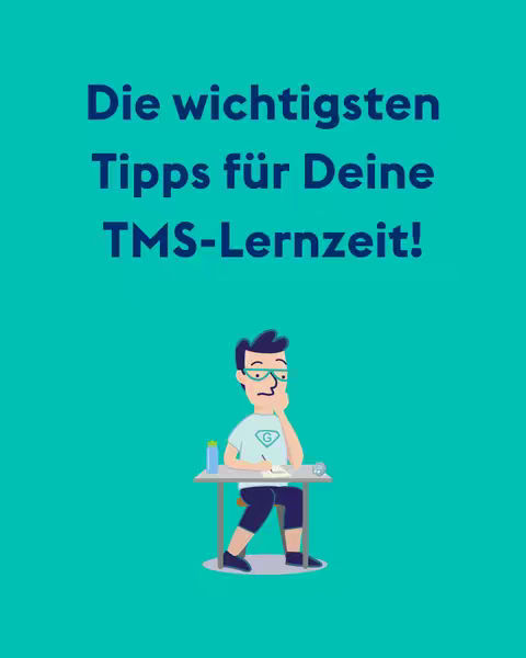 An illustrated graphic with a teal background and text overlay. The text reads "Die wichtigsten Tipps für Deine TMS-Lernzeit!" in bold, dark-blue letters. Below the text is a cartoon illustration of a young man with dark hair, glasses, and stylish clothing is shown in a study pose, wearing glasses and the man appears to be in deep thought. A desk is in front of him, with a pencil and notebook, a water bottle and other objects on the surface.
