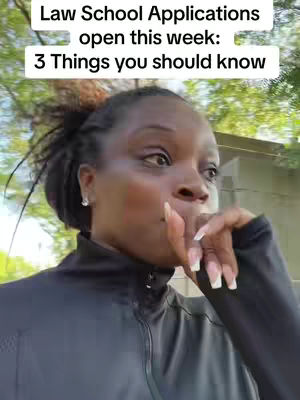 A woman with dark hair and dark clothing is looking to the side with a hand over her mouth as if she is in thought. Text in the top left corner states Law School Applications open this week: 3 Things you should know.