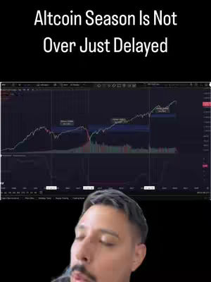 The cover image features a man with a focused expression, positioned in front of a screen displaying a stock market chart. The chart's data is overlaid by the text "Altcoin Season Is Not Over Just Delayed." The man is looking down.