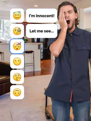 A man yawns, covering his mouth with his hand. To the left, there are several emoji options with accompanying text bubbles. These include an angel emoji with 'I'm innocent', and an emoji with looking class with 'Let me see'. The background indicates a domestic setting.