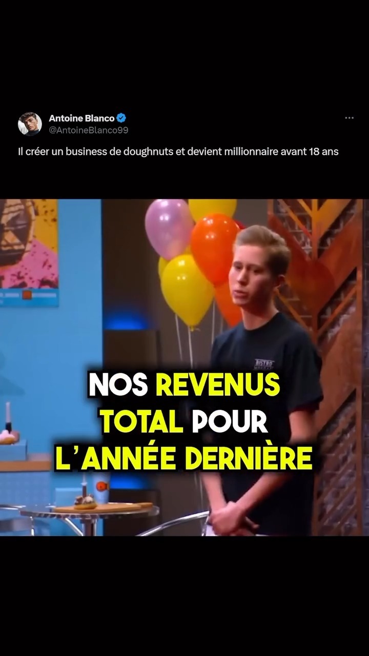 The cover image features a young man speaking in a setting that appears to be a podcast or interview setup. Behind him, colorful balloons are arranged. Overlayed on the scene is bold yellow text over a black background that reads "NOS REVENUS TOTAL POUR L'ANNÉE DERNIÈRE", indicating a financial disclosure. The lighting is bright, with a focus on the individual and the text overlay.