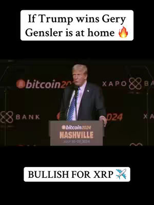 The image is a split screen, the top section features a white rectangle with black text overlayed over a video of Donald Trump speaking at a podium, the bottom is solid black background with white text. The background behind Trump appears to be a conference where there are screens with the bitcoin2024 symbol in the background.