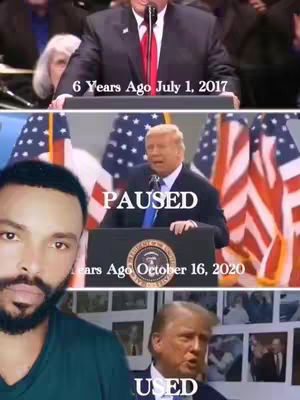 The cover image is a vertical collage. The main element features three panels. The top panel shows Donald Trump speaking, the text overlay on it reads '6 Years Ago July 1, 2017'. The middle panel has Donald Trump speaking with the overlay text 'PAUSED'. On the bottom panel is a photo of Donald Trump and the text 'USED'. In the left corner is a man with a beard. The overall color scheme is muted, with the US flags providing the most color.