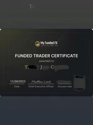 The image shows a certificate for a funded trader, with the 'My Funded FX' logo at the top. The certificate is black, with white text, and features the date 11/28/2023 and the signature of Matthew Leech, Chief Executive Officer.