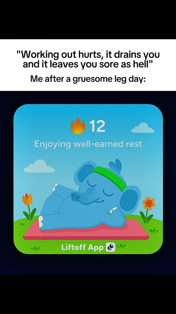 The cover image displays a cartoon elephant lying on a red mat, mimicking relaxation after a workout. The elephant is blue, wearing a green headband, and has its eyes closed. Above the elephant is a numerical display with the number 12 above the text phrase 'Enjoying well-earned rest'. The image is set against a sky-blue background with some white clouds, with orange and yellow flowers situated on either side of the red mat upon which the elephant rests. The LiftOff App logo is in the bottom left corner.