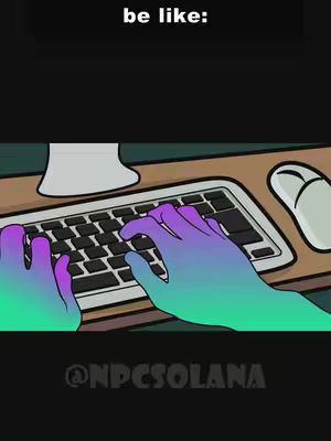 An animated image shows a person's hands typing rapidly on a keyboard. The keycaps are black, and the light reflects on the keys. The desk is a light tan color, and in the top right corner are a white mouse and a white slipper on the right of the frame. The hands are animated with a gradient of colors from purple to green.