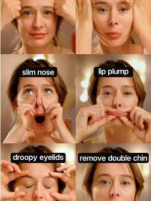 A six-panel image showcasing a woman demonstrating various facial yoga exercises targeting different areas of the face. The image is divided into two rows and three columns. Each panel focuses on a different exercise with text labels indicating the targeted area, such as "slim nose", "lip plump", "droopy eyelids" and "remove double chin". The woman is shown performing each exercise with a close-up focus on her face. The color palette is natural, with emphasis on skin tones and subtle background coloring.