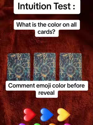 Cover image with three tarot cards face down, laid on a patterned cloth. Text overlays above and below. Emoji hearts are at the bottom.
