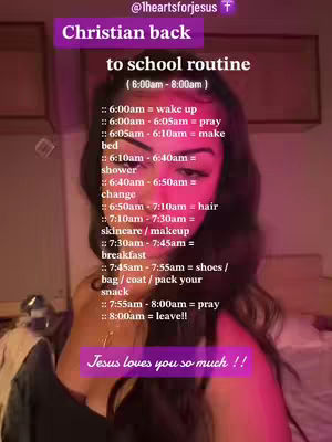 A selfie-style image with a woman at the center, framed from the chest up. She is looking at the camera with a soft expression. The background appears to be a cozy bedroom setting, with a bed and what seems to be a lampshade. Overlaid on the image are various text elements in a handwritten or casual font. There are labels like "Christian back to school routine" and a list of times like "6:00am - wake up". The color palette seems to involve soft pink and purple tones.