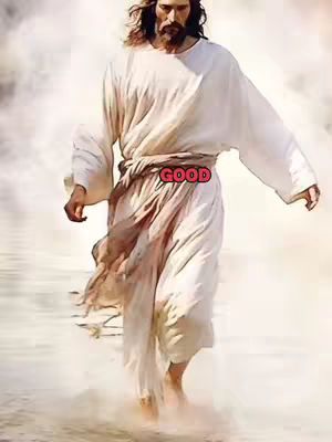 The image features a person, Jesus, standing in a body of water. They are wearing white robes, with a sash around the waist. The word 'GOOD' is overlaid on the image at the torso. The background is a soft, cloudy, light-filled environment.