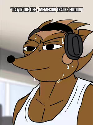 An animated image of an anthropomorphic creature, resembling a hedgehog or rodent, appears stressed, wearing headphones and a white tank top. The text overlay reads, \"DAY IN THE LIFE - MEMECOIN TRADER EDITION\". The background is blurred.