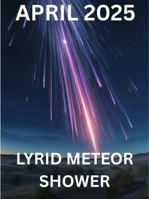 The image shows a depiction of the Lyrid meteor shower. A dark blue night sky fills most of the frame, with a meteor shower emanating from the top. Streaks of light, primarily purple and white, radiate downwards, suggesting meteors. Below the meteor shower, a slightly blurred landscape with dark hills or trees is visible. Text overlays read 'APRIL 2025' at the top and 'LYRID METEOR SHOWER' at the bottom in white sans-serif fonts.