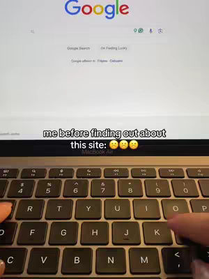The cover image shows a MacBook Air keyboard with the screen partially visible. The screen shows the Google search engine, and the text overlay says, 'me before finding out about this site:' followed by three sad emojis.