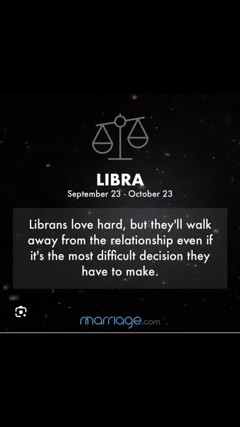 A black background with white speckles is used. In the center is a white scale, the sign of Libra. Text, 'LIBRA, September 23 - October 23' is at the top. Further down is text in a box; 'Librans love hard, but they'll walk away from the relationship even if it's the most difficult decision they have to make.' At the bottom right is the marriage.com logo.