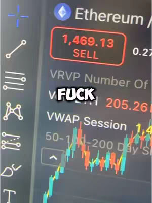 The image shows a close-up of a computer screen displaying financial data potentially related to cryptocurrency. The interface has a dark background with various elements. The top of the screen displays "Ethereum" along with trading information like price and a "SELL" indicator in a red rectangular box. Beneath, there is a text overlay that reads "FUCK." Further down, the screen shows data displays with numerous data elements and a graph charting fluctuations, with lines represented in green and red.
