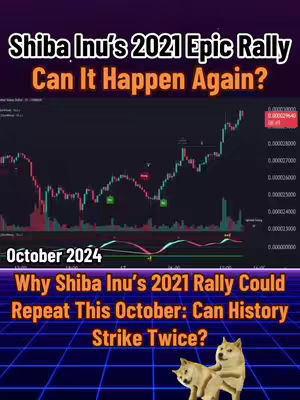 The cover image features a dark background with a stock chart overlaid. Text elements in varying colors create a title and subtitle structure. At the bottom, illustrations of Shiba Inu dogs are present against a blue grid background.
