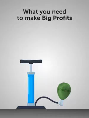 A graphic with a light gray background. Centered is a blue air pump with a black hose connected to a green balloon, which has the word "Profits" written on it. The text "What you need to make Big Profits" is at the top.