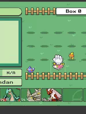 A screenshot of a user interface (UI) from a Pokemon-style game featuring a grass background and multiple pokemon in various boxes. The UI includes a box labeled "Box 0," alongside the team of 6 pokemon, with their levels below.