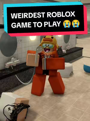 A Roblox game character with an orange and red design stands in front of a white tiled wall with a toilet seat and other bathroom-related items. The character is holding an item near what appears to be a shower head. A text overlay at the top features the words "WEIRDEST ROBLOX GAME TO PLAY" on a black banner.
