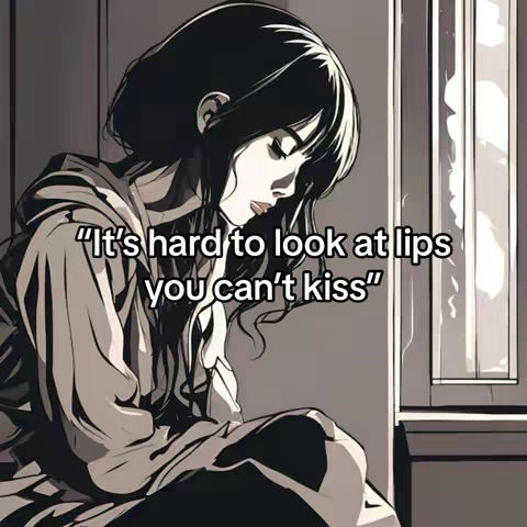 An artistic black and white illustration of a woman with black hair, turned slightly to the left, gazing downward. The background has soft, diffused lines, suggesting a window or a muted indoor setting. The woman is wearing a hooded garment, detailed with shading and texture. Text overlay adds a quote to the image.