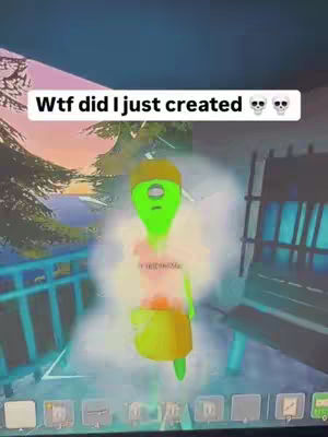 The cover image features a digital character, resembling an alien, in the center, superimposed over a virtual environment that includes a beach scene and a wooden bench. The alien has a green body, yellow accessories, and a shirt with text. A speech bubble with text is above it.