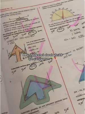 The cover image shows a close-up view of a student's math worksheet. The worksheet has several geometry problems with diagrams and calculations in pencil and pink highlighter.