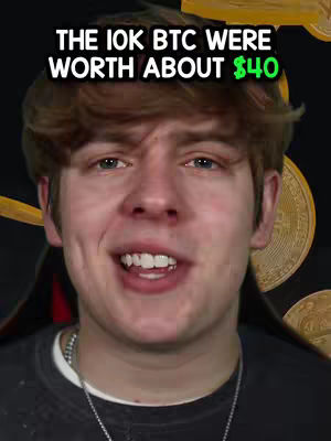 A young man with light brown hair and fair skin smiles directly at the camera against a dark background. Above his head is a text overlay, and behind him, a gold coin. The lighting is bright, highlighting the man's face, and he appears to be speaking. The overall composition is a close-up shot, focusing on the man's expression.