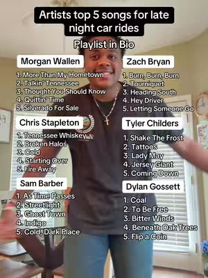 A young man smiles, centered in the frame, holding a phone with lists of songs and names. Above him, black text reads, "Artists top 5 songs for late night car rides." The background shows a lightly decorated setting.