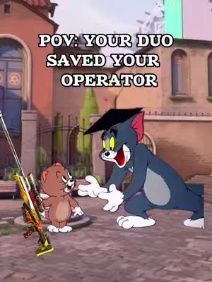 The cover image presents a cartoon scene from the Tom and Jerry series, set against a stylized cityscape backdrop. The characters Tom and Jerry are in the foreground. Tom, in a surprised pose, wearing a graduation cap. Jerry, in a friendly stance. A sniper rifle with a customized design is slightly behind Jerry.