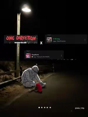 A nighttime scene features a street lamp and a person sitting on the ground. Overlayed text and graphic elements indicate a music-related theme. The lighting is dim, and the overall mood is somewhat melancholic.