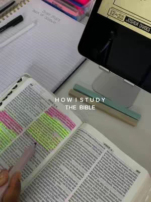 The image shows an open Bible with highlighted text and a pen resting on it. A notebook and an open iPad are also in the frame. The text overlay reads "HOW I STUDY THE BIBLE."