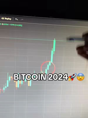 The cover image shows a computer screen displaying a stock chart. The chart has green and red bars, a hand with a pen is positioned on the right. The text overlay says 'Bitcoin 2024' with a rocket and an emoji.