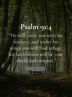 An image shows a dark, green forest with sunlight filtering through the trees. Text is overlaid on the image, presenting a Bible verse. In the bottom center, a logo indicates the app's name. The overall tone is peaceful.