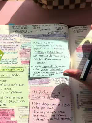 The cover image shows an opened book with handwritten notes on sticky notes adhered to the pages. The book is open to a page with a lot of text underlined in blue. There are also annotations and references in different colored ink. A hand is holding the book near the right edge. The overall composition is a study of bible verses.