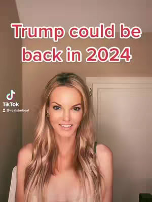 A woman with long blonde hair smiles, framed from the chest up, with a warm-toned background and overlying white text: Trump could be back in 2024, in red color font, positioned above her head. The TikTok logo is visible in the bottom left corner.
