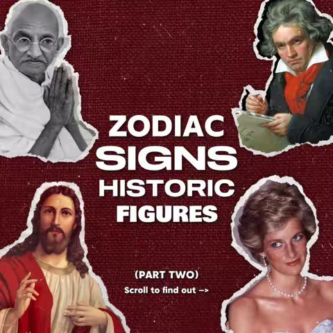 A square image with a textured, dark red background. Four historical figures are arranged around a central text block. At the top left, Mahatma Gandhi appears; top right, Beethoven. At the bottom left, Jesus is visible; bottom right, Princess Diana. A central white rectangle displays 'ZODIAC SIGNS HISTORIC FIGURES' in large, bold text. Below these words, smaller text includes '(PART TWO) Scroll to find out ->'