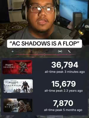 A man with glasses and a headset looks towards the camera. Above him is a text overlay. Below him is a graphic that summarizes the peak player count of multiple Assassin's Creed games.