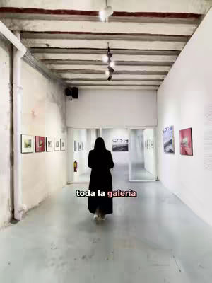 A wide shot shows a woman in a black coat walking down a gallery hallway, with art on the walls on both sides.