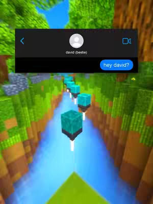 The cover image features a Minecraft-style landscape with a text message bubble overlayed. The landscape shows a blue river channel surrounded by pixelated green foliage. Floating turquoise cube-shaped structures are in the river. In the foreground, a text message conversation is displayed in a black bubble, showing a contact named 'david (bestie)' and the message 'hey david?'. The background has a blurred green canopy.