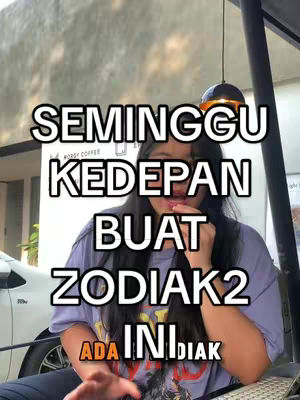 A woman is shown from the chest up, sitting outside with text overlayed on the image. The text is white with a black border and forms a stack that reads: SEMINGGU KEDEPAN BUAT ZODIAK2 ADA INI DIAK
